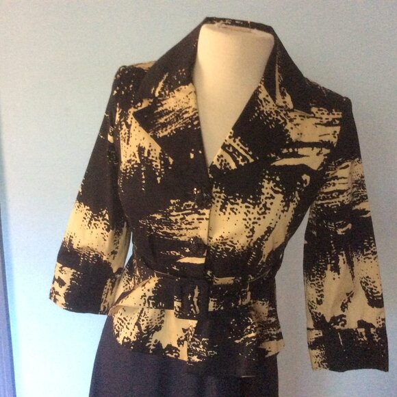 GRACE Jacket 2P stretch Cotton Black Brown print Peplum Belt Exllnt Condn - Picture 1 of 9